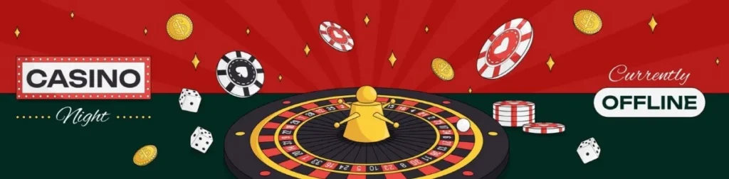 온라인 슬롯사이트 카지노 배너 - 룰렛 휠과 카지노 칩, 주사위 일러스트